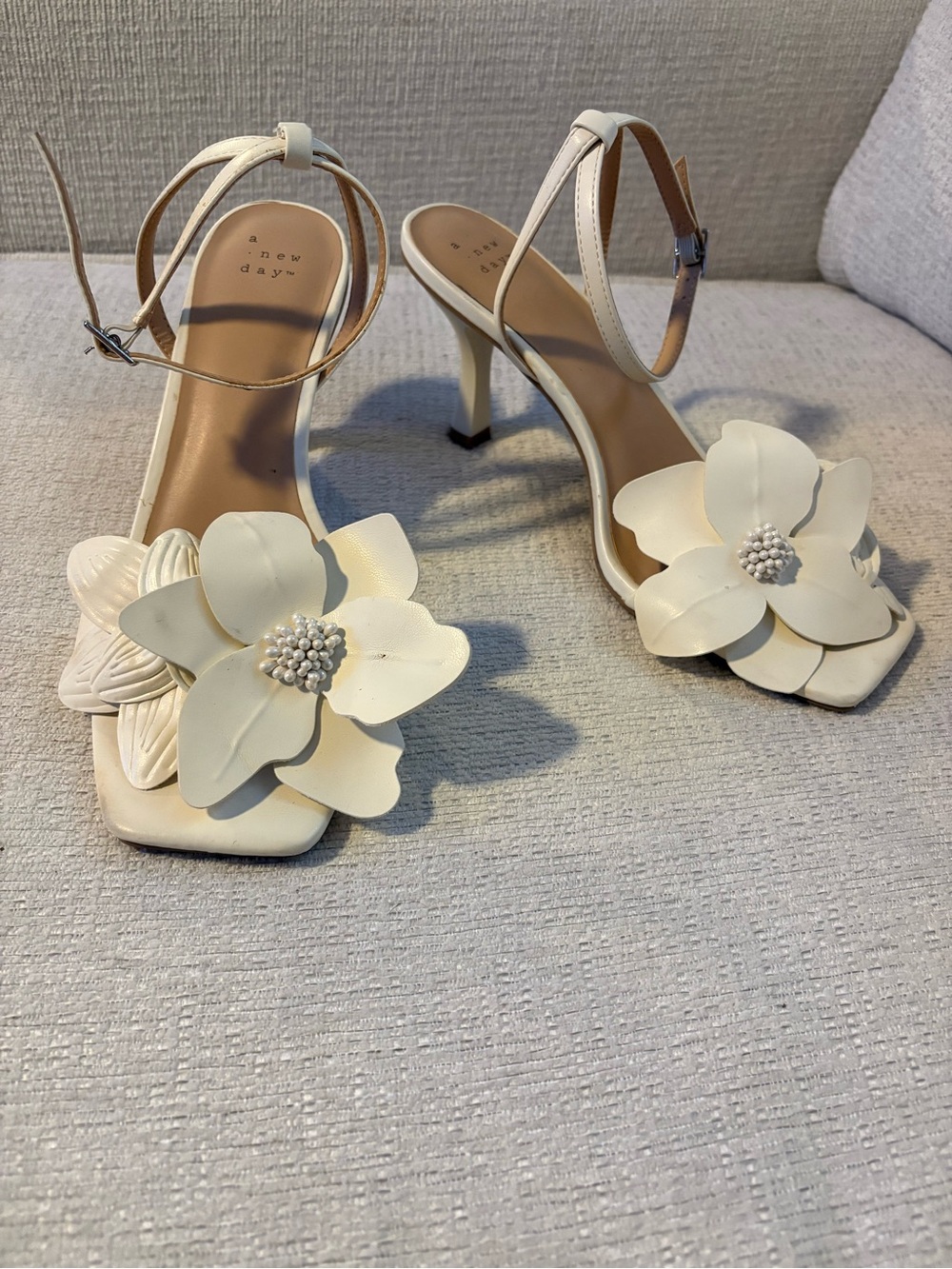 a new day Cream Floral Ankle-Strap Heels with Decorative Flowers